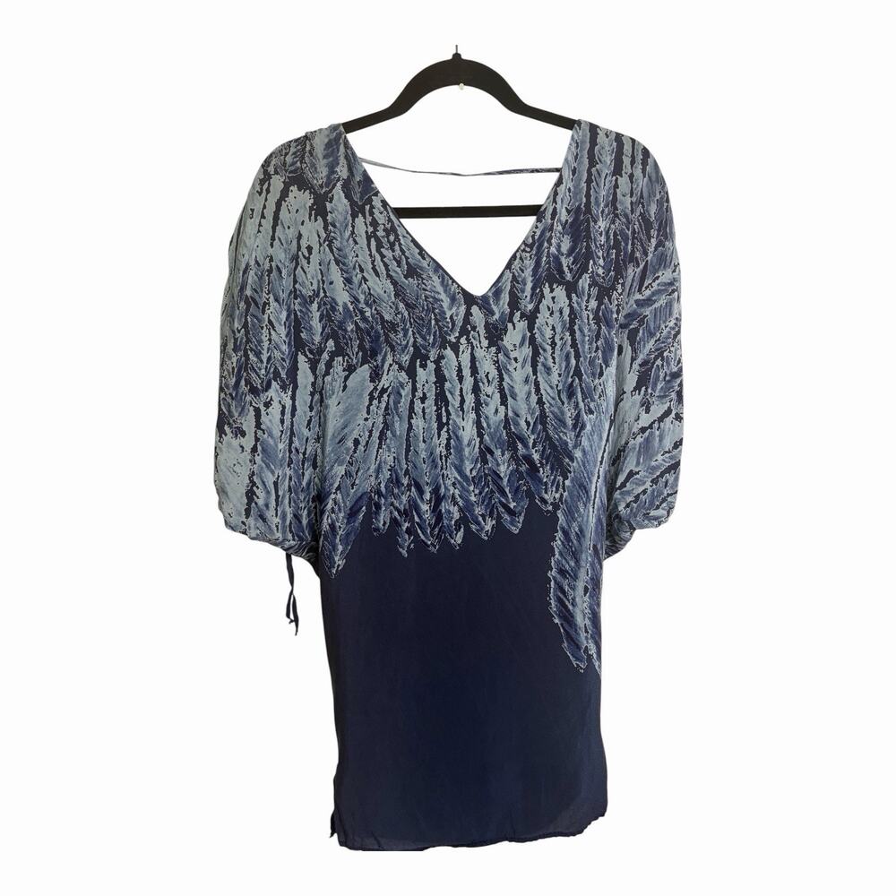 RaMona LaRue Blue Feather Print Sheer Boho Blouse Small
